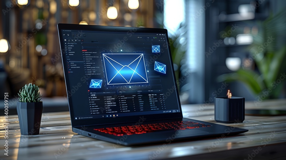 Poster a modern laptop with an open email interface displaying glowing blue envelopes, matte black finish, 