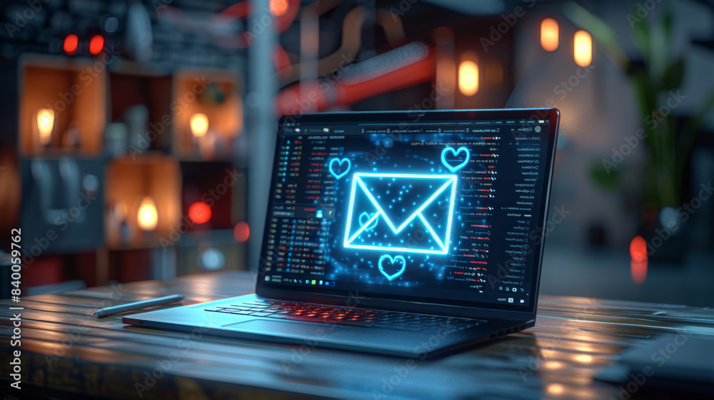 Poster a modern laptop with an open email interface displaying glowing blue envelopes, matte black finish, 
