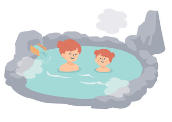 温泉に入る親子のイラスト