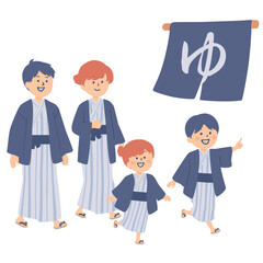 温泉の浴衣を着たファミリーのイラスト
