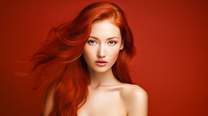 Fototapeta premium Portrait of a beautiful, sexy, smiling Asian woman with long red hair and perfect skin, red background, banner.