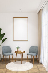 3d render of frame mock up side the window with armchair, coffee table, carpet and plant. Heringbone wood floor, white wall and white flat ceiling. Set 19