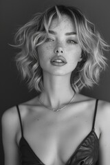 Elegant Freckled Woman with Short Blonde Hair in Monochrome