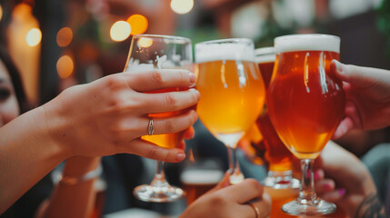 Group of friends raising their glasses in a toast, enjoying a variety of craft beers 