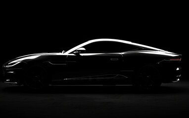 Black background with car silhouette, minimalist design, highend feel, car photography, closeup of headlights, high contrast lighting
