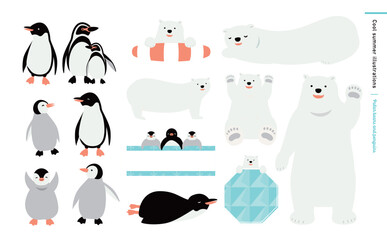 かわいいペンギンと白くまの夏のベクターイラスト素材セット © motommy