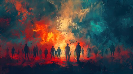 Silhouetted figures stand amidst a vibrant, abstract depiction of a fiery apocalypse, blending intense reds and dark blues.