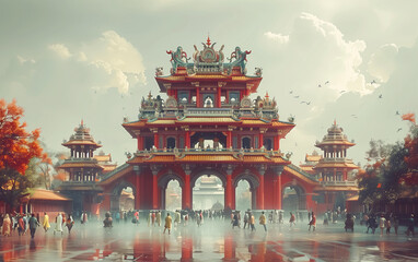 Obraz premium Crowd of worshippers at ratha yatra, with glowing lanterns, in a spiritual celebration