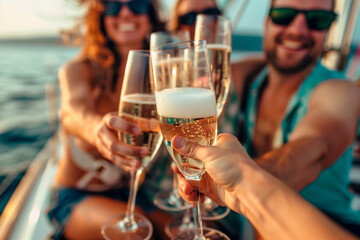 Friends drinking champagne on a yacht in the sea at sunset.