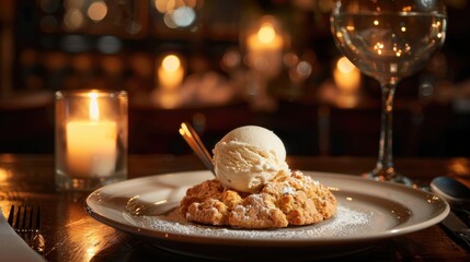 Fototapeta premium Dessert plate with apple crumble and ice cream on a table with candlelight.