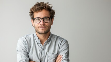 Fototapeta premium In this image, a man wears glasses and crosses his arms in front of a white background