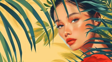 Fototapeta premium WOMAN PORTRAIT AND TROPICAL LEAF