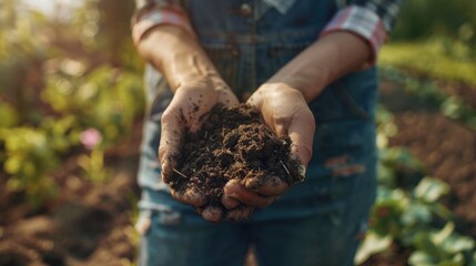 Close-up of female hands holding rich garden soil.