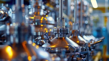 Industrial brewery equipment close-up with stainless steel tanks and pipes.