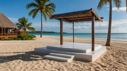 Fototapeta premium Empty podium gazebo for display and installation of product in In the tropical beach and sea, travel, vacation by the ocean, summer. The wedding arch