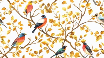 5. A whimsical Thai fabric design printed in gold, with vibrant birds perched on delicate golden trees. seamless,