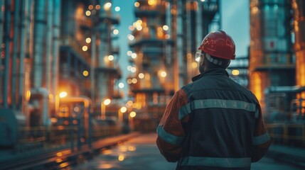 Obraz premium Engineer with experience in oil refineries and industrial instruments in manufacturing. Long steel pipe at a crude oil facility. Generative AI.