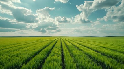 Obraz premium Aerial View of Lush Green Wheat Field During Spring Harvest on Cloudy Day in Rural Countryside