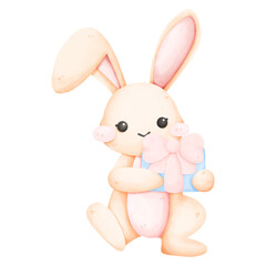 Bunny rabbit with gift box watercolor drawing