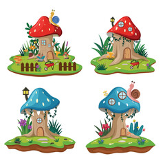Fairytale mushroom houses, forest fairy home in plants and berries, Cute fantasy houses gnomes isolated vector illustration collection