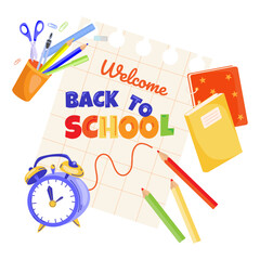 Welcome Back to school concept illustration with notebook paper and text Back to school alarm clock and stationery. Banner poster background for educational text, and children's activities.Vector 