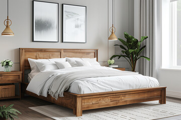 Cozy Bedroom with Wooden Bed Frame and Modern Decor