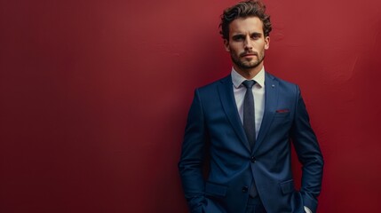 Fototapeta premium Man in a navy suit on a background of maroon