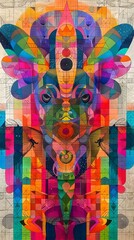 Kaleidoscopic Digital Art Depicting Dragonflies Swarming Around a Vibrant Rhinoceros Amidst Geometric Patterns and Shapes