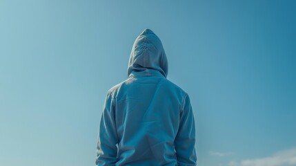 A figure in an indigo hoodie on a background of sky blue