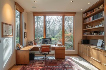 Minimalist Home Office with Large Window, Home office featuring a large window and clean, simple decor