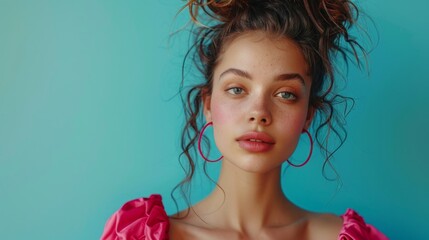 A model in a magenta dress against a cyan backdrop