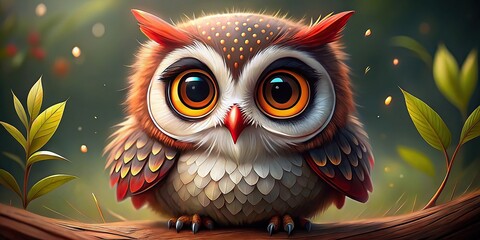 Cartoon owl with adorable big eyes and vibrant red markings , cute, cartoon, owl, big eyes, red markings, adorable, character, fun, whimsical,wildlife, forest, bird, feathered, animal