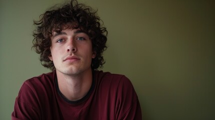 Obraz premium A person in a maroon shirt against a background of olive green