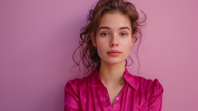 Woman in a magenta blouse against a lilac background