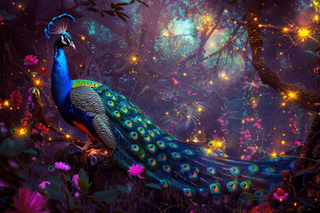 Fototapeta premium Peacock with fanned tail.