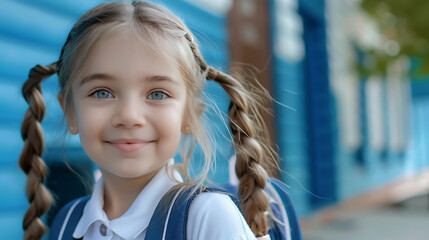 Obraz premium Little girl in a school uniform with a school bag on her back