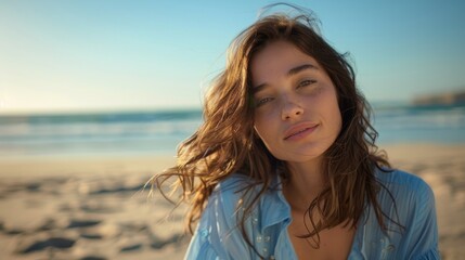 Naklejka premium Woman in a periwinkle blouse against a sandy beach