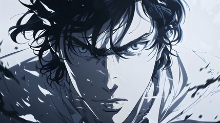 Fototapeta premium A captivating anime artwork featuring a man with a determined expression, his eyes shining with resolve against a plain white backdrop, Generative AI