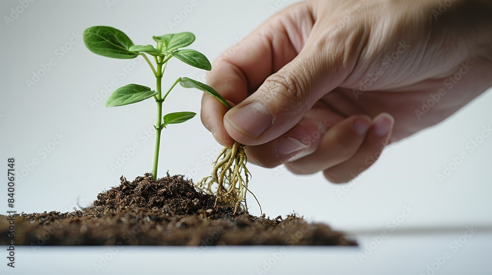 Aufkleber A hand is gripping the stem of an uprooted plant using the thumb and forefinger. The roots are visible. The background is white. Generative AI.