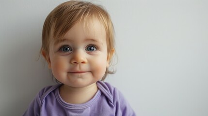 Naklejka premium A toddler in a purple onesie against a white wall