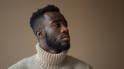 Fototapeta premium An individual in a beige sweater against a background of taupe