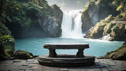 Empty stone podium for display and installation of product in In the tropical waterfalls and sunlight, travel, hiking, trekking, summer, freshness.