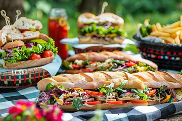 A chef hosting a summer picnic with gourmet sandwiches and salads, checkered blanket, vibrant colors, photorealistic