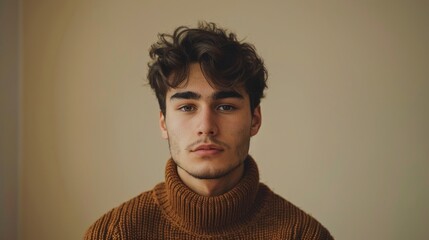 Obraz premium A person in a chocolate brown sweater against a beige wall