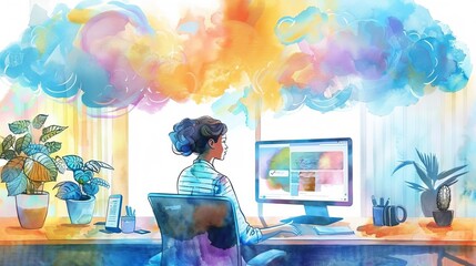 A cloudbased project manager coordinating tasks with a global team, virtual meeting room, vibrant and connected, watercolor