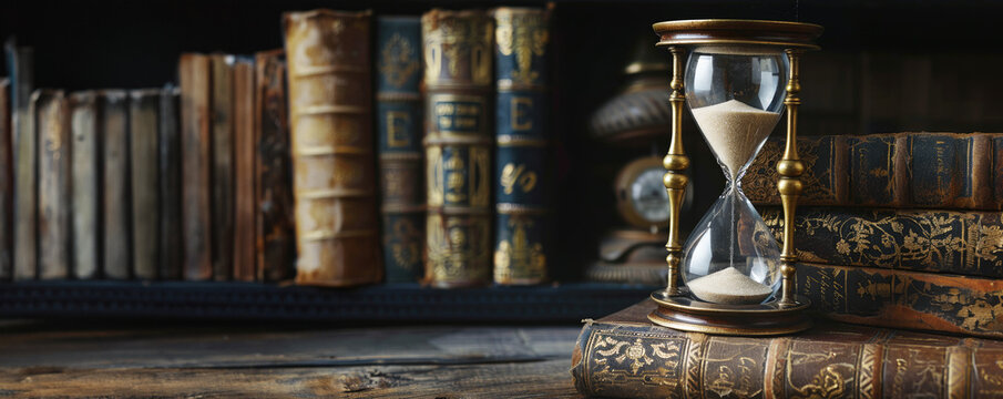 hourglass on top of an old book, symbolizing the passage of time and history.