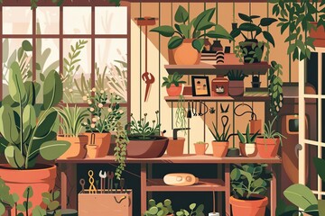 gardeners workspace in vintage shed, filled with plants and tools, , warm colors