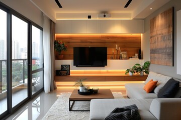 Minimalist Living Room with Floating Entertainment Unit, Living room designed with a floating entertainment unit and minimal decor