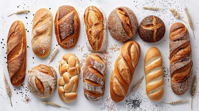 Various kinds of bread on white background