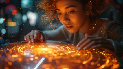 Team collaborating on a holographic globe, innovative workspace, sci-fi elements